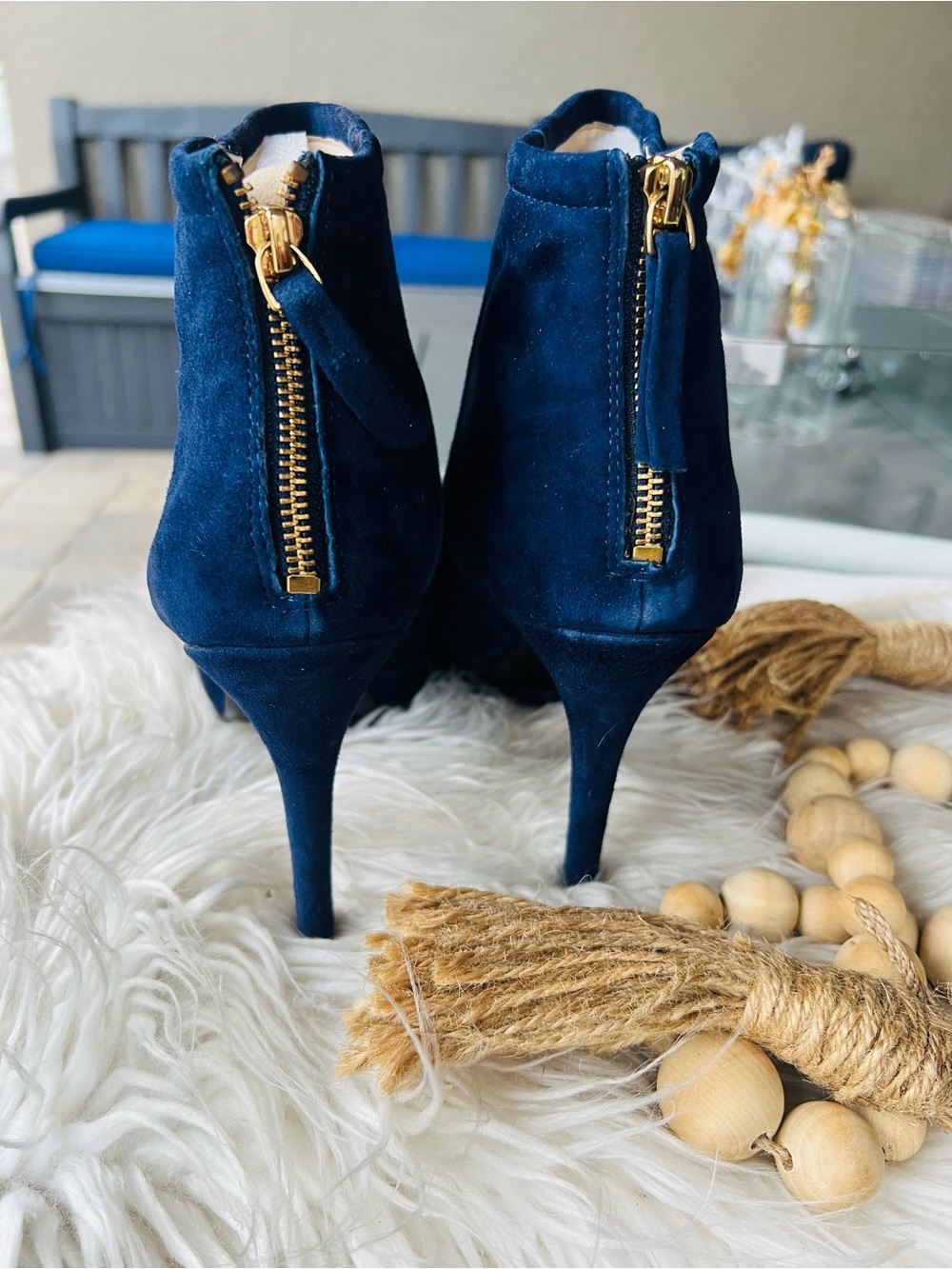 Nine West Navy Blue Suede Peep-Toe Lattice Ankle Booties - Picture 5 of 6